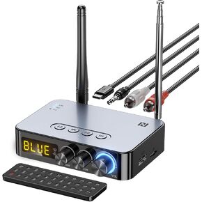 5.1 Bluetooth Audio Receiver Transmitter 4-in-1 (with Remote) for Home Stereo TV, HiFi Wireless Audio Adapter with 3.5mm AUX,RCA,6.5mm Mic Connection, FM Radio, Low Latency NFC Audio Adapter