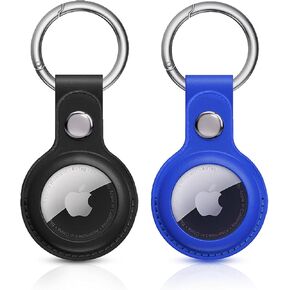 2 سلسلة مفاتيح AirTag - حافظة AirTag جلدية فاخرة - تصميم لبطاقات AirTags والحيوانات الأليفة والسيارة والمفاتيح، تأتي مع حلقة مفاتيح معدنية للأمتعة - حافظات AirTag فاخرة وأنيقة (أسود، أزرق)