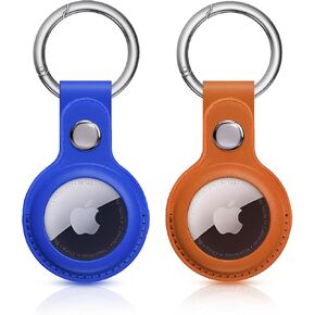 2 Pack AirTag Keychain- Premium Leather Airtag Case - Design for AirTags, Pets, Car, Keys, Comes with Metal Snap Keyring for Luggage - Luxury & Stylish AirTag Cases (Black, Blue)