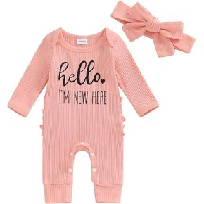 Hello I'm New Here Newborn Baby Girl Coming Home Outfit Ribbed Knitted Romper Infant Jumpsuit Cute Clothes