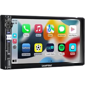 SANPTENT Wireless Double Din Car Stereo, Compatible with Apple CarPlay & Android Auto, 7 Inch FHD Touchscreen Car Audio Receiver, Airplay, Rear Camera, Subwoofer, FM Car Radio, USB/AUX/TF, Bluetooth