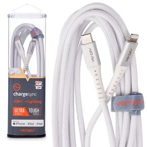 كيبل ايفون Ventev Alloy 10 قدم | شحن سريع من USB-C إلى كابل Lightning | سلك شحن Apple طويل للغاية معتمد من MFi | يدوم حتى 100 مرة أطول من معظم كابلات آيفون، أبيض