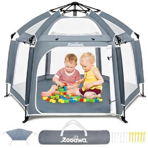 Zooawa Pop Up Playpen، روضة أطفال خارجية خفيفة الوزن مع ظلال شمسية قابلة للإزالة وغطاءين جانبيين للأشعة فوق البنفسجية، روضة أطفال فاخرة محمولة لمنزل الشاطئ مع حقيبة سفر، رمادي in Kuwait