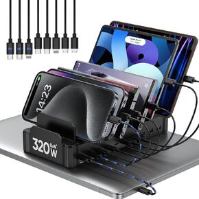 محطة شحن بقوة 320 واط لأجهزة متعددة، محطات شحن سريعة Zobirez ذات 10 منافذ USB C لأجهزة MacBook وiPhone والهاتف الخلوي Android وiPad والكمبيوتر اللوحي وقاعدة شحن منظم الأجهزة المتعددة للعائلة، أسود