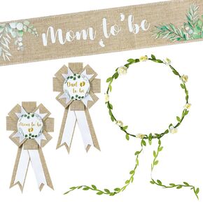 R HORSE 5Pcs Neutral Burlap Mom to Be Sash Dad to Be Pin Baby Shower Decorations, Eucalyptus Pregnant Mom Sash Corsage Pin and Flower Crown Gender Reveals Party Supplies Baby Shower Keepsake Gifts
