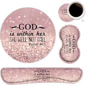 Keyboard Wrist Rest and Mouse Pad Wrist Rest Set with Coasters, Memory Foam, Easy Typing Pain Relief, Non-Slip Rubber Base for Computer, Laptop, Home & Office, Floral Quote Bible Verses Psalm 46:5