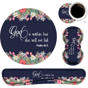 Keyboard Wrist Rest and Mouse Pad Wrist Rest Set with Coasters, Memory Foam, Easy Typing Pain Relief, Non-Slip Rubber Base for Computer, Laptop, Home & Office, Floral Quote Bible Verses Psalm 46:5