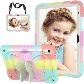 for iPad 10th Generation Case for Kids Girl with Pencil Holder, for iPad 10th Gen 10.9 Inch 2022 Released Cover with Butterfly Stand Shoulder Strap Shockproof Full Body Protective, Colourful