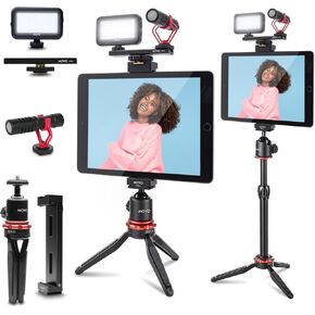 Movo Tablet Vlogging Kit for iPad - iPad Vlogging Kit with Tablet Holder, Compact Tripod, Microphone, LED Light, Cold Shoe Extension - YouTube Starter Kit with iPad Tripod Mount for Video Recording in Kuwait