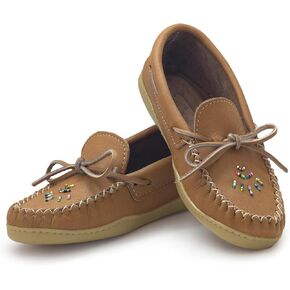 Laurentian Chief Moccasin Leather Moccasins Women with 8-Hole Kabir Collar & Natural Rubber Sole, Leather Beaded Womens Leather Moccasins, Comfortable Stylish Indoor & Outdoor Slippers