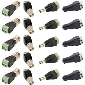12V DC Power Jack Plug Adapter Male Female Connector 10PCS, BNC Male Female Balun Connector 10PCS for CCTV Security Surveillance Video Camera and Led Strip