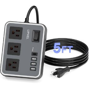 3 Outlet Power Strip with 3 USB Charging Ports and 1 USB-C Port, 1200W Extension Cord 5ft Power Cord, Black,Overload Protection Switch,No Surge Protector for Cruise Ship, Travel, Dorm, Home, Office