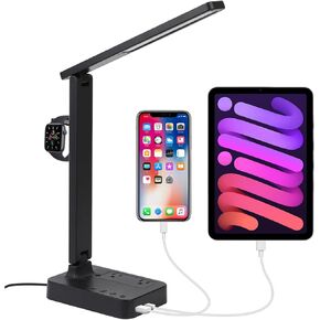 Power Strip with LED Desk Lamp,Dimmable Table Lamp Reading Lamp with 2 USB Ports and 2 Outlets,3 Color Modes 3 Brightness Level,Touch Control,1H Timer,Eye Caring Office Lamp (Black)