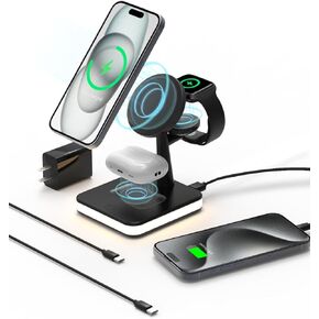4 in 1 Wireless Charging Station with Light for Apple,Magnetic Wireless Charger Stand for iPhone 15/14/13/12,Apple Watch Series 9/8/7/Ultra 2/SE 2,Air-Pods 3/Pro/2,Mag-Safe Fast Charger Dock(Black)