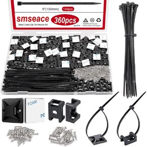smseace 360Pcs Strong Back-Glue Self Adhesive Black Cable Zip Tie Mounts Kit with 6" Zip Ties and Screws, UV Protection Outdoor Sticky Wire Fasteners Cable Clips Management Anchors Organizer Holders