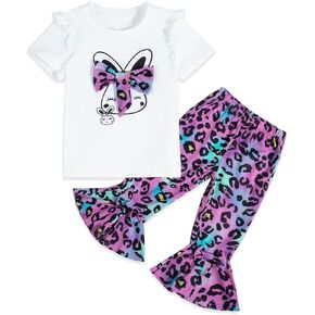 Toddler Baby Girl Clothes Summer Outfits,Bunny Leopard Print Bow Tie Mid Length Bell Bottoms Clothing Sets 2pcs 0-5t