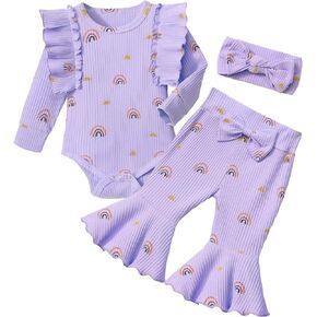 Newborn Baby Girl Clothes Rainbow Ruffle Long Sleeve Romper Bell Bottoms Headband Fall Winter Outfits 3Pcs