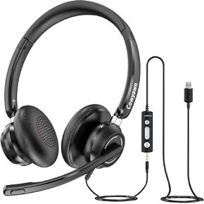 USB Headset with Mic for PC, On-Ear Computer Laptop Headphones with Noise Cancelling Microphone in-line Mute Control Wired Headset for Home Office Online Class Skype Zoom