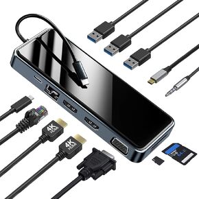 USB C Docking Station Dual Monitor,12 in 1 Triple Display for Dell/HP/Lenovo/Surface Laptop,USB C Hub Multiport Adapter Dongle with 2 HDMI 4K, VGA,3 USB3.0, 100WPD,SD/TF, Audio