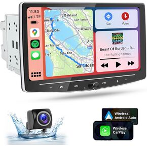 10 Inch Double Din Touchscreen Car Stereo - Detachable Floating QLED Car Radio with Apple Wireless CarPlay, Android Auto, Bluetooth, Live Rear View Camera, 5.1 Channel Audio Multimedia Receivers