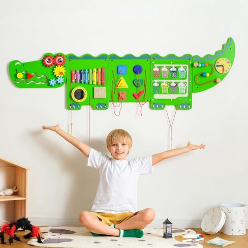 Crocodile Sensory Toys Activity Wall Panels, Educational Montessori Busy Board for Toddlers, Activity Cube - Sensory Wall, Wooden Learning Toys, Interactive Toys, Blue in Saudi Arabia