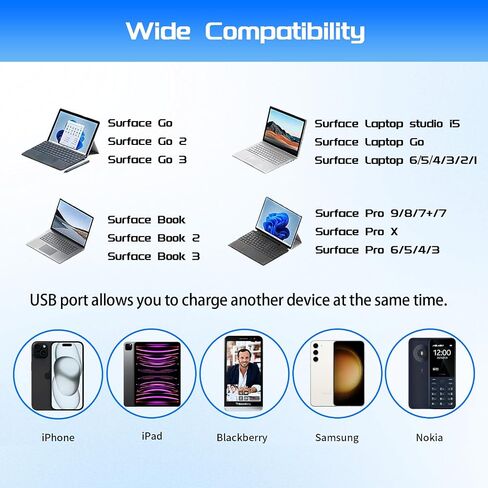 شاحن Surface Pro بقدرة 65 وات مناسب لجهاز Microsoft Surface Pro 9 8 7+ 7 6 5 4 3 X Fit Model 1706 1800 1943 1963 1625 1796 1769 1735 محول تيار متردد للكمبيوتر المحمول سلك إمداد الطاقة in Kuwait
