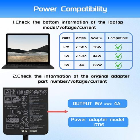 شاحن Surface Pro بقدرة 65 وات مناسب لجهاز Microsoft Surface Pro 9 8 7+ 7 6 5 4 3 X Fit Model 1706 1800 1943 1963 1625 1796 1769 1735 محول تيار متردد للكمبيوتر المحمول سلك إمداد الطاقة in Kuwait