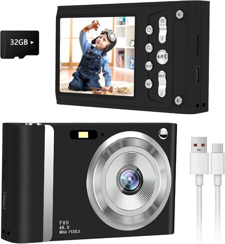 48MP Digital Camera 1080P HD Compact Digital Camera with 16x Zoom Anti Shake 2.8 inch IPS Screen Small Digital Camera 32GB SD Card for Teens Kids Gifts (Black in Saudi Arabia