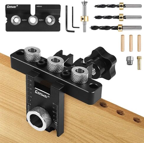 3-in-1 Pocket Hole Jig Kit, Self Centering Doweling Jig Kit for Straight Holes, 5/16", 3/8", 19/32" Drill Bit, Adjustable Width Woodworking Joints Tool Drill Guides Locator with Hole Punch in Kuwait