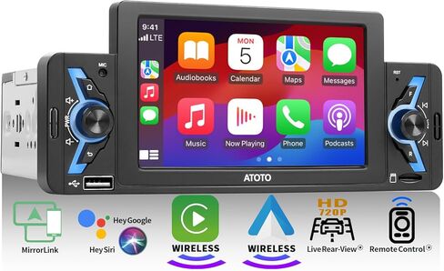 ATOTO F7 أجهزة استقبال ستيريو للسيارة ذات دين واحد، Carplay لاسلكي وAndroid Auto لاسلكي، راديو سيارة 5 بوصة 1 DIN FM/AM مع مقابض فعلية، بلوتوث، MirrorLink، رؤية خلفية مباشرة، GPS Navi، F7G1A5WE in Saudi Arabia
