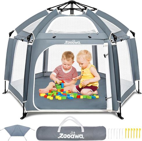 Zooawa Pop Up Playpen, Lightweight Outdoor Playpen with Removable Sun-Shades & 2 Side UV Covers, Deluxe Portable Playpen for Beach Home with Travel Bag, Grey in Saudi Arabia
