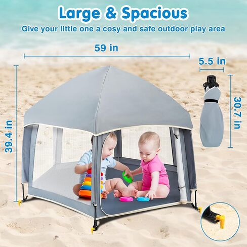 Zooawa Pop Up Playpen, Lightweight Outdoor Playpen with Removable Sun-Shades & 2 Side UV Covers, Deluxe Portable Playpen for Beach Home with Travel Bag, Grey in Saudi Arabia