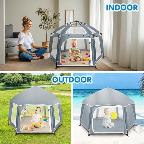 Zooawa Pop Up Playpen, Lightweight Outdoor Playpen with Removable Sun-Shades & 2 Side UV Covers, Deluxe Portable Playpen for Beach Home with Travel Bag, Grey in Saudi Arabia