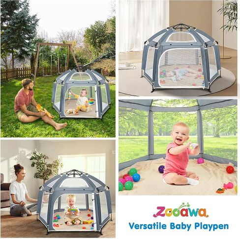 Zooawa Pop Up Playpen, Lightweight Outdoor Playpen with Removable Sun-Shades & 2 Side UV Covers, Deluxe Portable Playpen for Beach Home with Travel Bag, Grey in Saudi Arabia