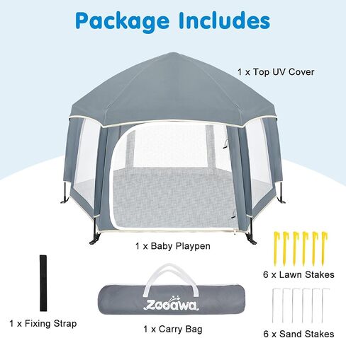 Zooawa Pop Up Playpen, Lightweight Outdoor Playpen with Removable Sun-Shades & 2 Side UV Covers, Deluxe Portable Playpen for Beach Home with Travel Bag, Grey in Saudi Arabia