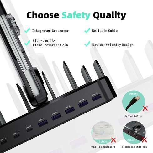 محطة شحن بقوة 320 واط لأجهزة متعددة، محطات شحن سريعة Zobirez ذات 10 منافذ USB C لأجهزة MacBook وiPhone والهاتف الخلوي Android وiPad والكمبيوتر اللوحي وقاعدة شحن منظم الأجهزة المتعددة للعائلة، أسود in Kuwait