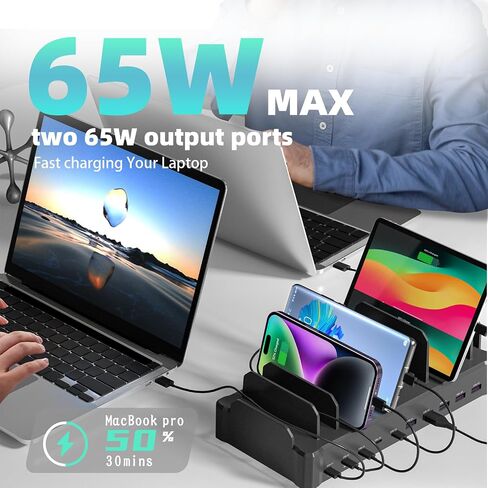 محطة شحن بقوة 320 واط لأجهزة متعددة، محطات شحن سريعة Zobirez ذات 10 منافذ USB C لأجهزة MacBook وiPhone والهاتف الخلوي Android وiPad والكمبيوتر اللوحي وقاعدة شحن منظم الأجهزة المتعددة للعائلة، أسود in Kuwait