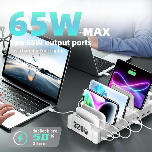 محطة شحن بقوة 320 واط لأجهزة متعددة، محطات شحن سريعة Zobirez ذات 10 منافذ USB C لأجهزة MacBook وiPhone والهاتف الخلوي Android وiPad والكمبيوتر اللوحي وقاعدة شحن منظم الأجهزة المتعددة للعائلة، أسود in Kuwait
