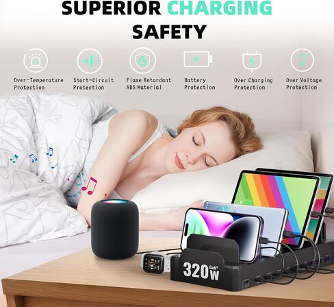 محطة شحن بقوة 320 واط لأجهزة متعددة، محطات شحن سريعة Zobirez ذات 10 منافذ USB C لأجهزة MacBook وiPhone والهاتف الخلوي Android وiPad والكمبيوتر اللوحي وقاعدة شحن منظم الأجهزة المتعددة للعائلة، أسود in Kuwait