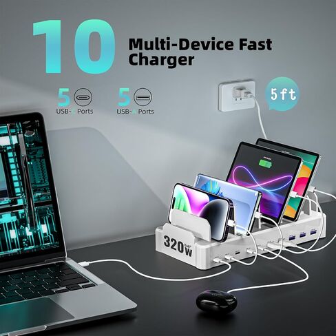 محطة شحن بقوة 320 واط لأجهزة متعددة، محطات شحن سريعة Zobirez ذات 10 منافذ USB C لأجهزة MacBook وiPhone والهاتف الخلوي Android وiPad والكمبيوتر اللوحي وقاعدة شحن منظم الأجهزة المتعددة للعائلة، أسود in Kuwait
