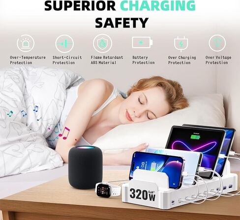 محطة شحن بقوة 320 واط لأجهزة متعددة، محطات شحن سريعة Zobirez ذات 10 منافذ USB C لأجهزة MacBook وiPhone والهاتف الخلوي Android وiPad والكمبيوتر اللوحي وقاعدة شحن منظم الأجهزة المتعددة للعائلة، أسود in Kuwait