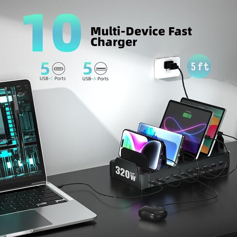 محطة شحن بقوة 320 واط لأجهزة متعددة، محطات شحن سريعة Zobirez ذات 10 منافذ USB C لأجهزة MacBook وiPhone والهاتف الخلوي Android وiPad والكمبيوتر اللوحي وقاعدة شحن منظم الأجهزة المتعددة للعائلة، أسود in Kuwait