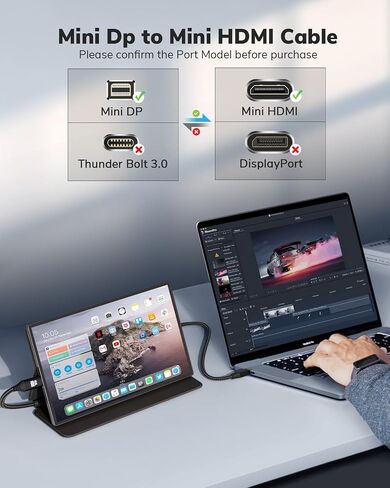 4K Mini DisplayPort إلى Mini HDMI Cable 3Ft، Thunderbolt 2 إلى Mini HDMI سلك أحادي الاتجاه، يدعم 4K @ 30 هرتز لجهاز MacBook، Surface Pro/Dock to KYY، ARZOPA، VILVA، MNN، شاشة محمولة in Saudi Arabia