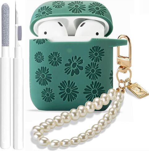 Flower Engraved Case for Airpods 2nd Generation Case Cover with Cleaner Kit, Stylish Silicone Skin Protective Case with Luxury Pearl Keychain for Airpods 1st/2nd Gen Charging Case in Saudi Arabia