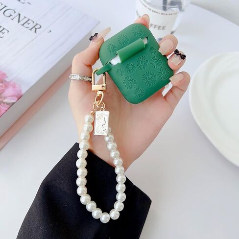 Flower Engraved Case for Airpods 2nd Generation Case Cover with Cleaner Kit, Stylish Silicone Skin Protective Case with Luxury Pearl Keychain for Airpods 1st/2nd Gen Charging Case in Saudi Arabia