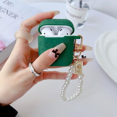 Flower Engraved Case for Airpods 2nd Generation Case Cover with Cleaner Kit, Stylish Silicone Skin Protective Case with Luxury Pearl Keychain for Airpods 1st/2nd Gen Charging Case in Saudi Arabia