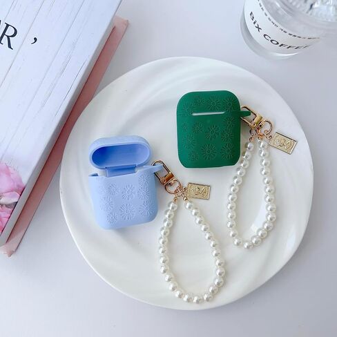 Flower Engraved Case for Airpods 2nd Generation Case Cover with Cleaner Kit, Stylish Silicone Skin Protective Case with Luxury Pearl Keychain for Airpods 1st/2nd Gen Charging Case in Saudi Arabia