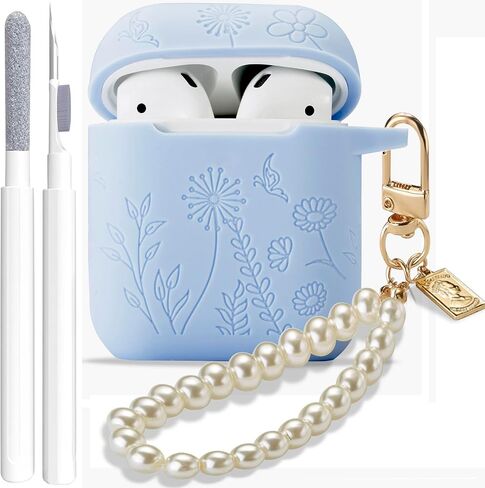 Flower Engraved Case for Airpods 2nd Generation Case Cover with Cleaner Kit, Stylish Silicone Skin Protective Case with Luxury Pearl Keychain for Airpods 1st/2nd Gen Charging Case in Saudi Arabia