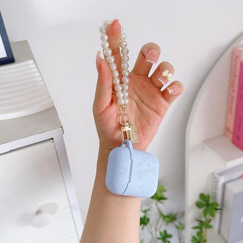 Flower Engraved Case for Airpods 2nd Generation Case Cover with Cleaner Kit, Stylish Silicone Skin Protective Case with Luxury Pearl Keychain for Airpods 1st/2nd Gen Charging Case in Saudi Arabia