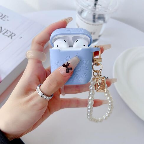 Flower Engraved Case for Airpods 2nd Generation Case Cover with Cleaner Kit, Stylish Silicone Skin Protective Case with Luxury Pearl Keychain for Airpods 1st/2nd Gen Charging Case in Saudi Arabia